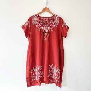 Johnny Was Assa Linen Embroidered Drape Tunic Rust Red Orange Dress, Size Medium